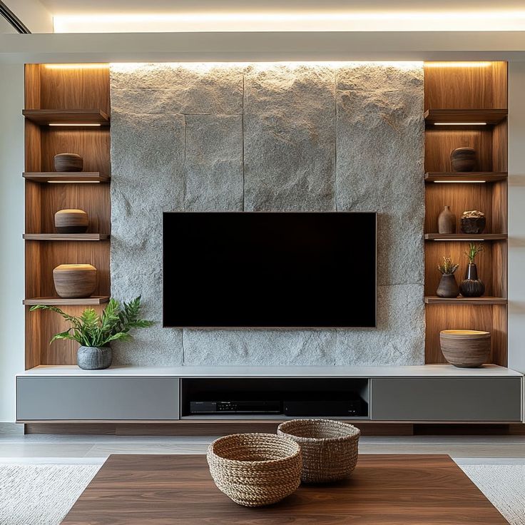 TV Wall with PU Stone — Full Composition